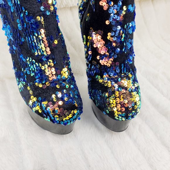 Blue Iridescent Sequin Thigh High 6" Heel Slouch Boots RESTOCKED 3004 - Picture 8 of 14